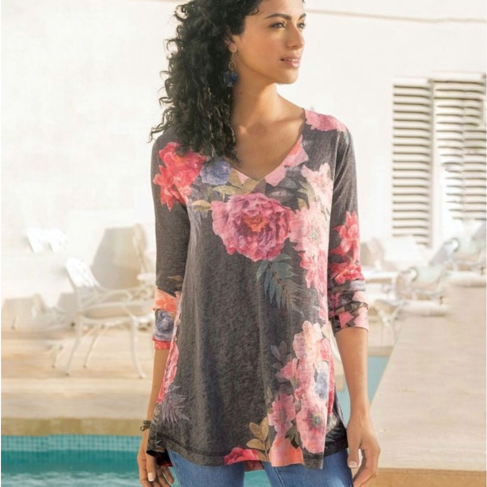 Soft Surroundings Midnight Blooms Tunic top gray floral women's petite small NWT